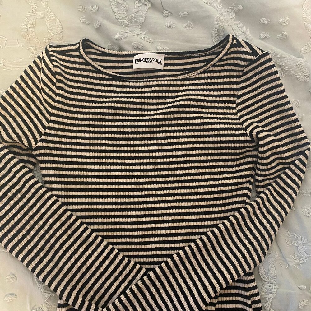 princess polly Bryanna long sleeve striped mini dress with bell sleeves